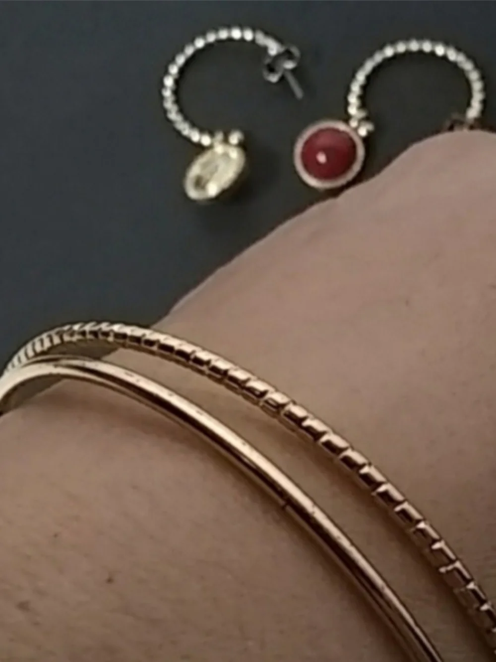 Gold-Tone Coin Charm Bangle Bracelets & Earrings with Red Enamel Accents | EUC